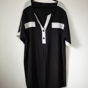 Shein curve 5xl black smock dress with white trim, faux pockets, 2 buttons
